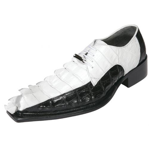Belvedere "Zeno" Black / White All-Over Hornback Crocodile With Crocodile Tail Shoes 3400